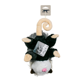Plush toy resembling a possum with a tag on a white background