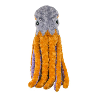 Plush toy resembling an octopus with gray top and orange bottom on a white background