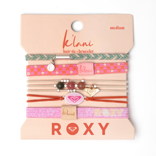 K'lani x ROXY collab hair tie set with pink and coral tones