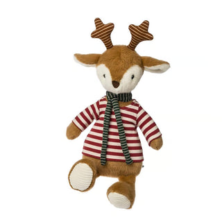 plush reindeer stuffed animal with red and white striped sweater and green striped scarf