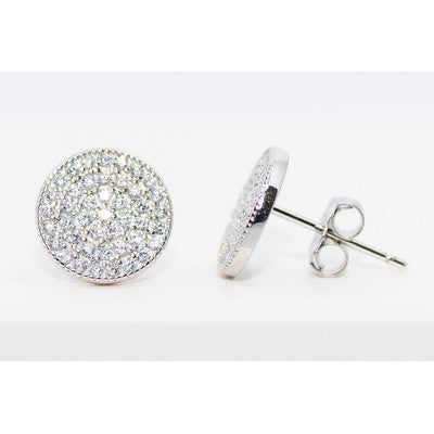 Silver earrings with clear gemstones on a white background