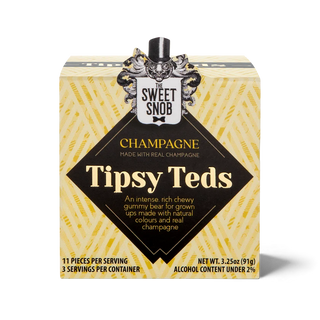 'Tipsy Teds champagne flavored gummy bears' in a yellow geometric patterned box