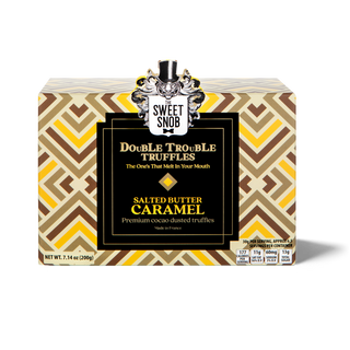 'salted butter caramel truffles' box with yellow and brown geometric pattern
