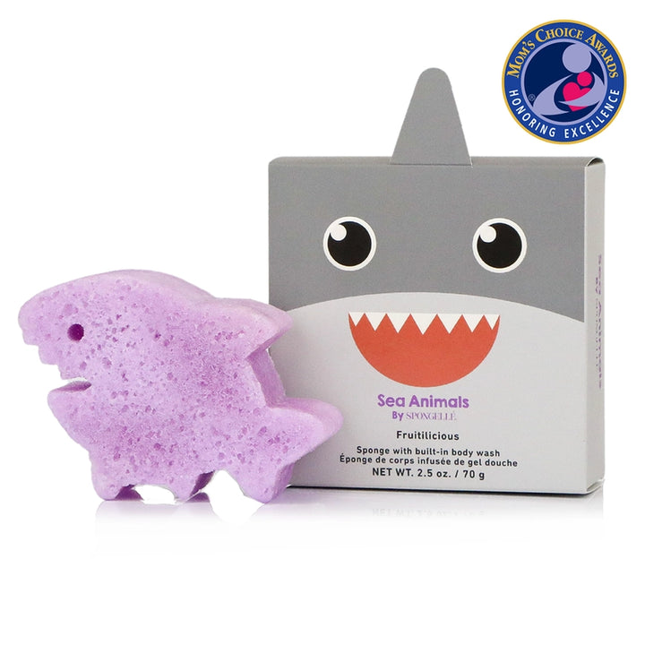 Purple shark-shaped sponge with a gray box featuring shark design and 'Sea Animals' branding.
