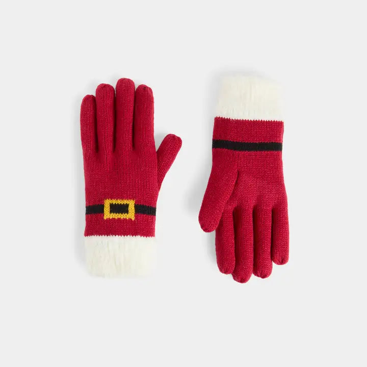 Red gloves with white cuffs and black belt detail on a light gray background