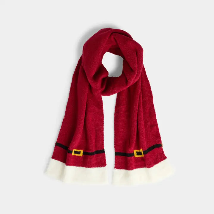 Red scarf with belt detail on a white background