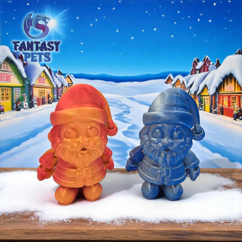 Two santa claus characters, one orange and one blue, in a snowy village setting with 'Fantasy Pets' branding.