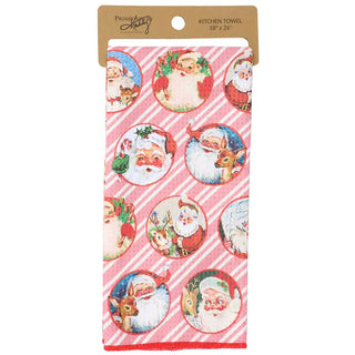 Kitchen towel with Santa Claus design on a red and white striped background