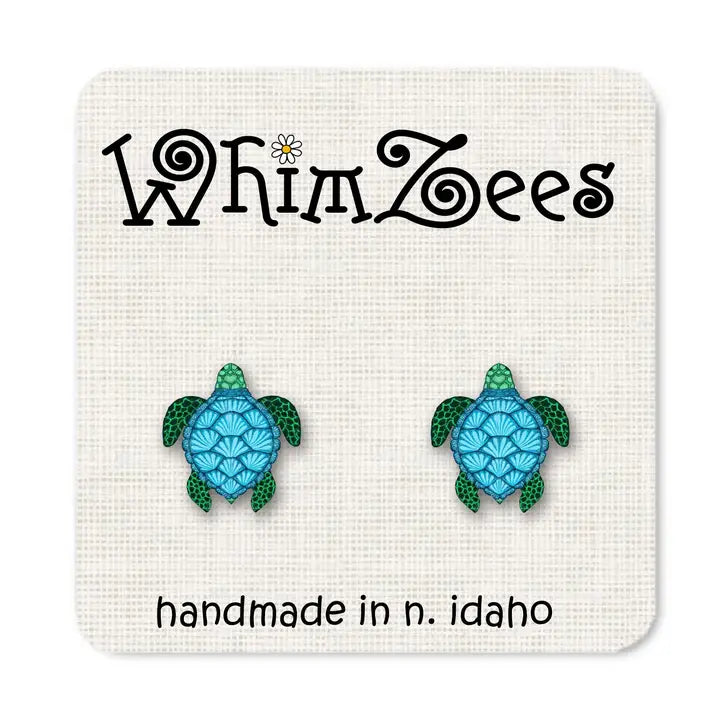 Blue turtle earrings on a WhimZees branded card with 'handmade in n. idaho' text.