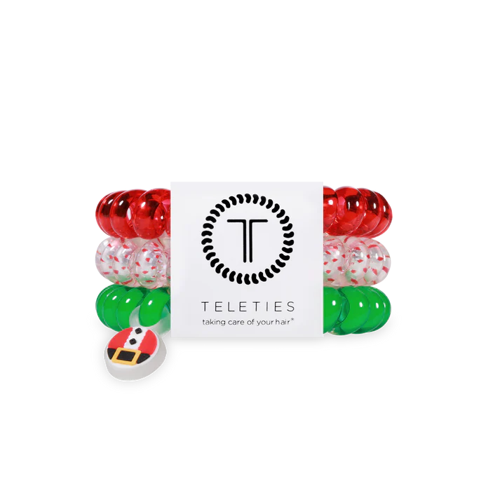 Colorful hair ties with a brand logo on a white background