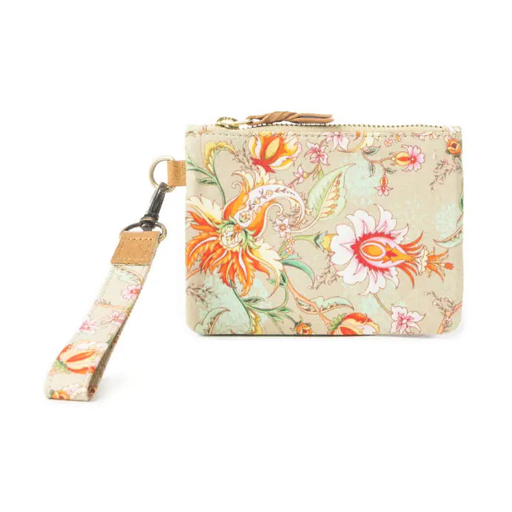 Floral patterned wallet with wrist strap on a white background