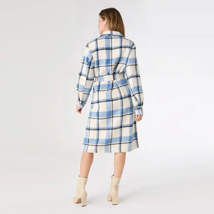 Shelly Plaid Jacket with Belt in Ivory and Blue