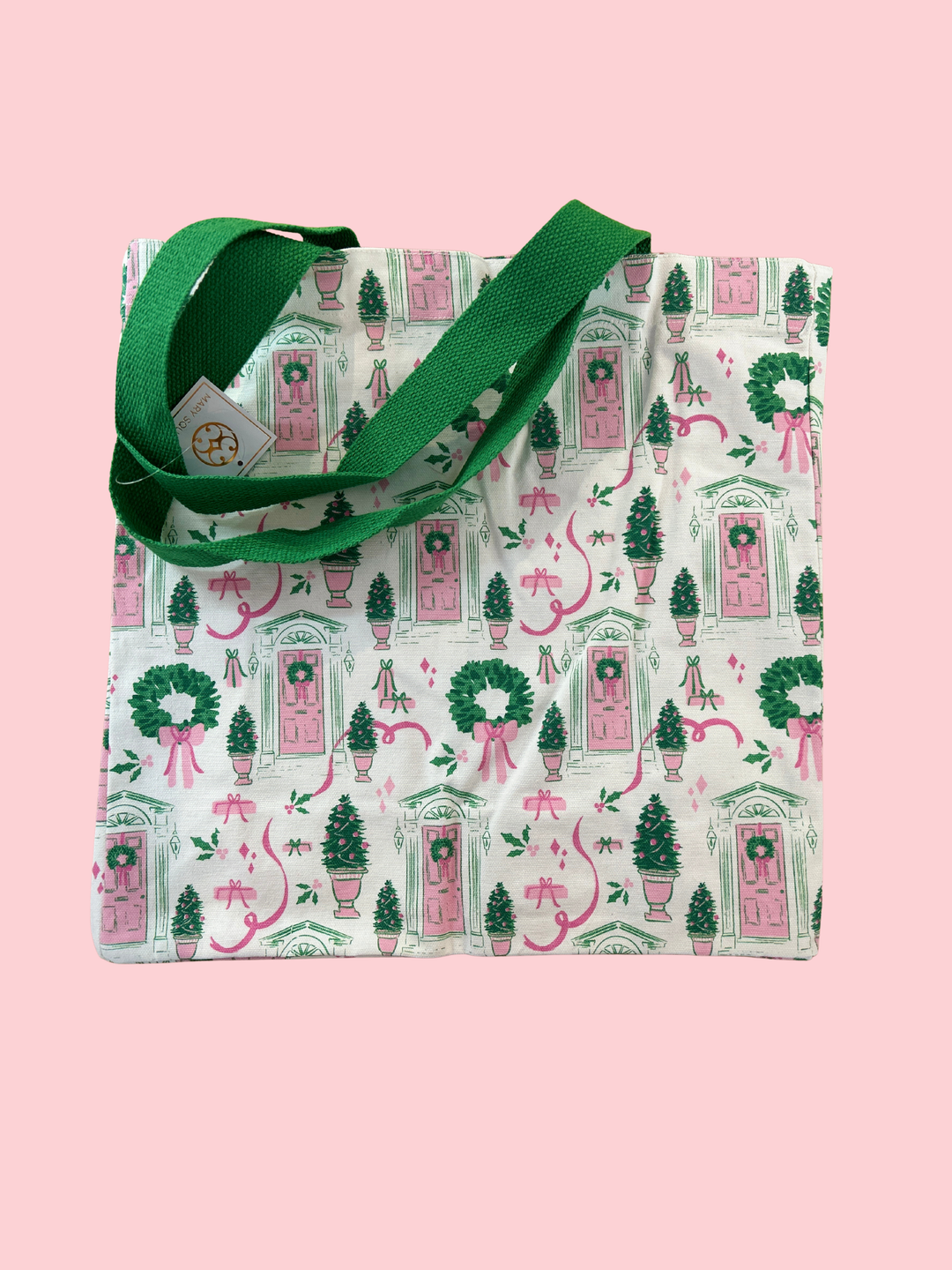 canvas tote with christmas themed print