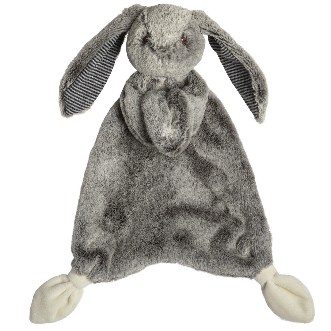 Gray plush bunny toy on a white background
