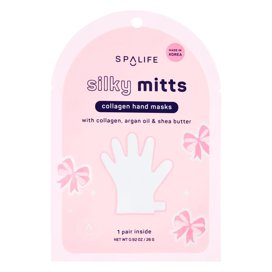 Package of SPALIFE silky mitts collagen hand masks on a white background
