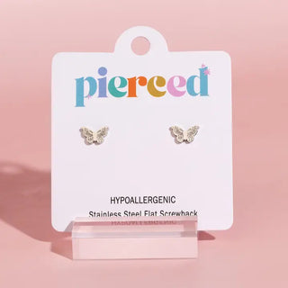 Water Resistant Flat Screwback Earrings- Silver Butterflies