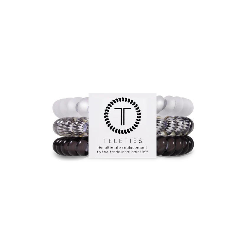 Set of hair ties with a Teleties label on a white background