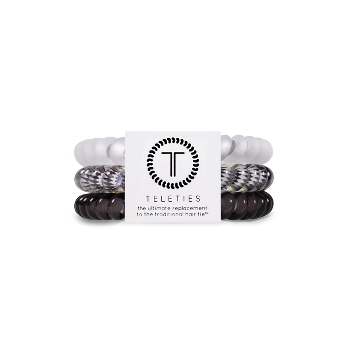 Set of hair ties with a Teleties label on a white background
