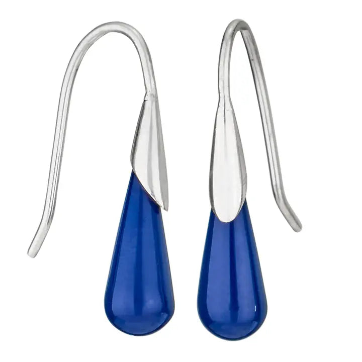 Teardrop-shaped blue earrings with silver hooks on a white background
