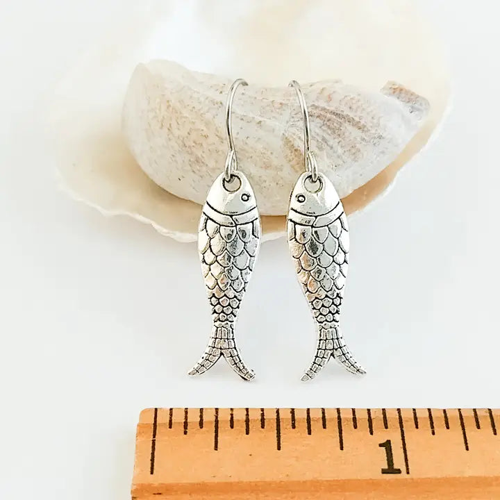silver earrings with fish charm