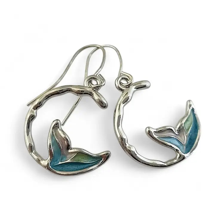Silver earrings with blue and green leaf-like designs on a white background