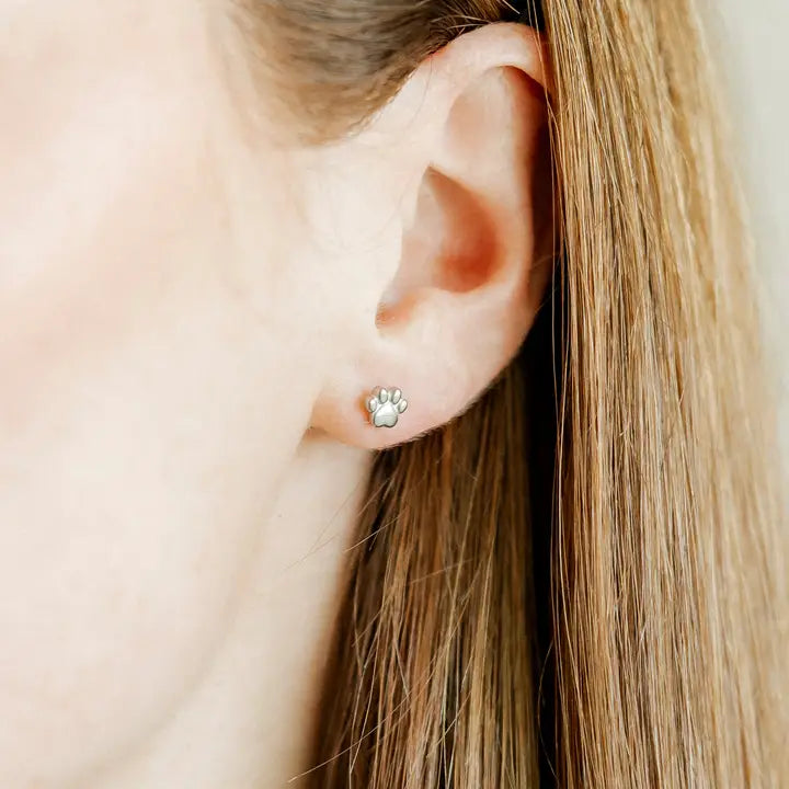 Silver Paw Print Flatback Stud Earrings