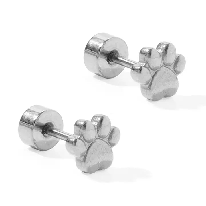 Pair of silver paw-shaped earrings on a white background