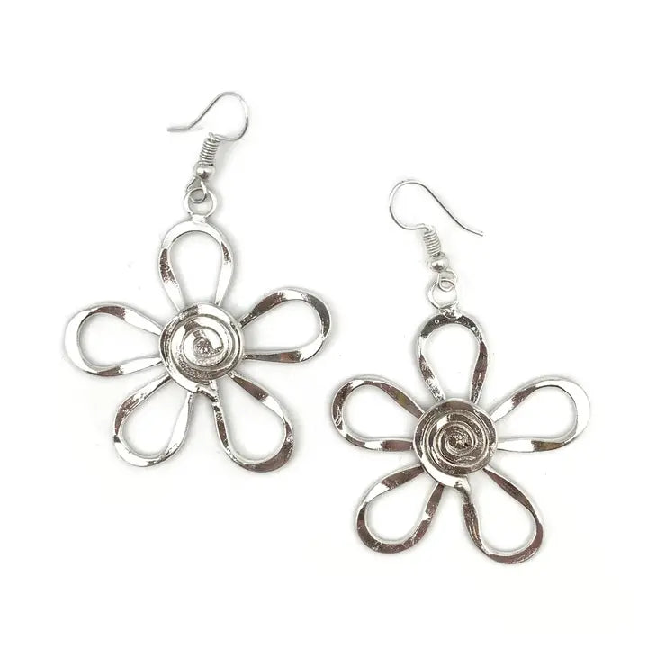 Pair of silver flower-shaped earrings on a white background