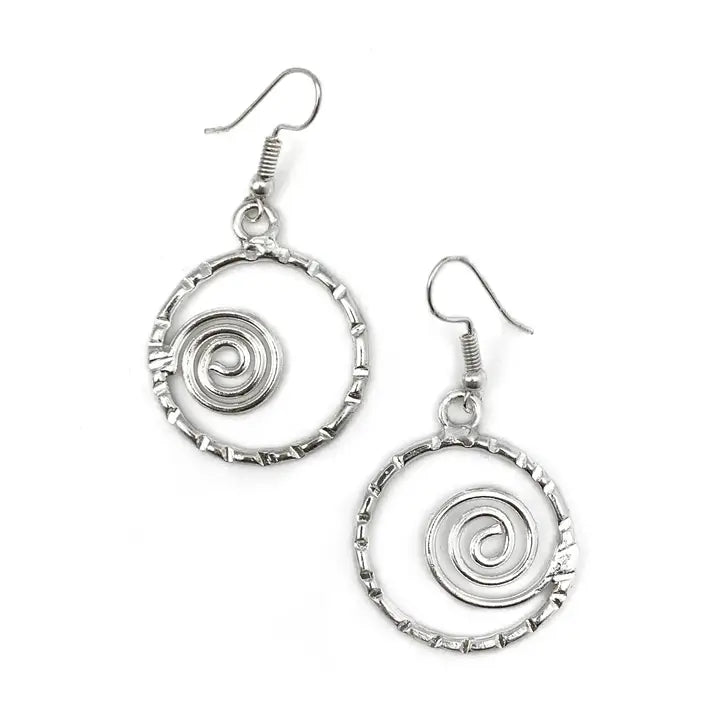 Silver spiral earrings on a white background