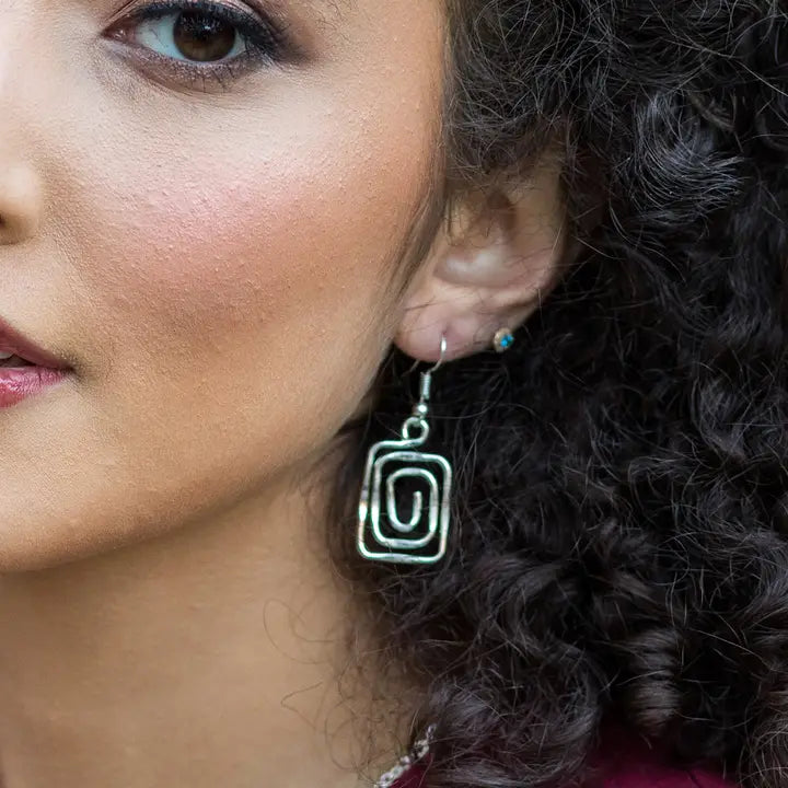 Handcrafted Silver Spiral Square Earrings