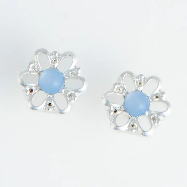 Pair of daisy-shaped earrings with blue centers on a light gray background