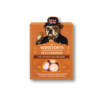 Orange box with dog in a top hat with text "Sir Winston's Old Fashioned cocktail-inspired hard sweets"