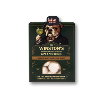 green box with a dog in a top hat with 'cocktail-inspired hard sweets' candy inside