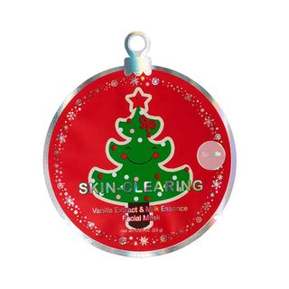 Facial mask packaging with a Christmas tree design on a red background