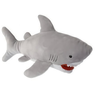 stuffed toy shaped like a gray shark