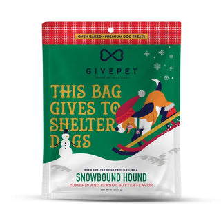 GivePet Snowbound Hound dog treats bag, featuring a festive holiday design with a green background, yellow text, a red plaid top band, and an illustration of a dog skiing with a snowman.