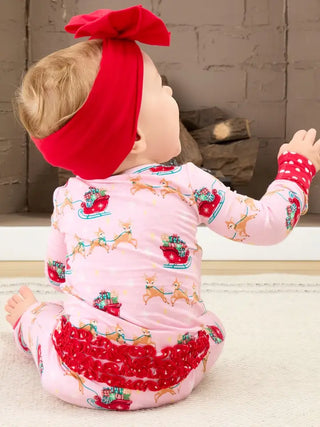 SoftSnooze Pink Reindeer Sleigh Ride Bamboo Baby Footie Pajamas