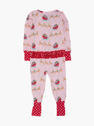 SoftSnooze Pink Reindeer Sleigh Ride Bamboo Baby Footie Pajamas