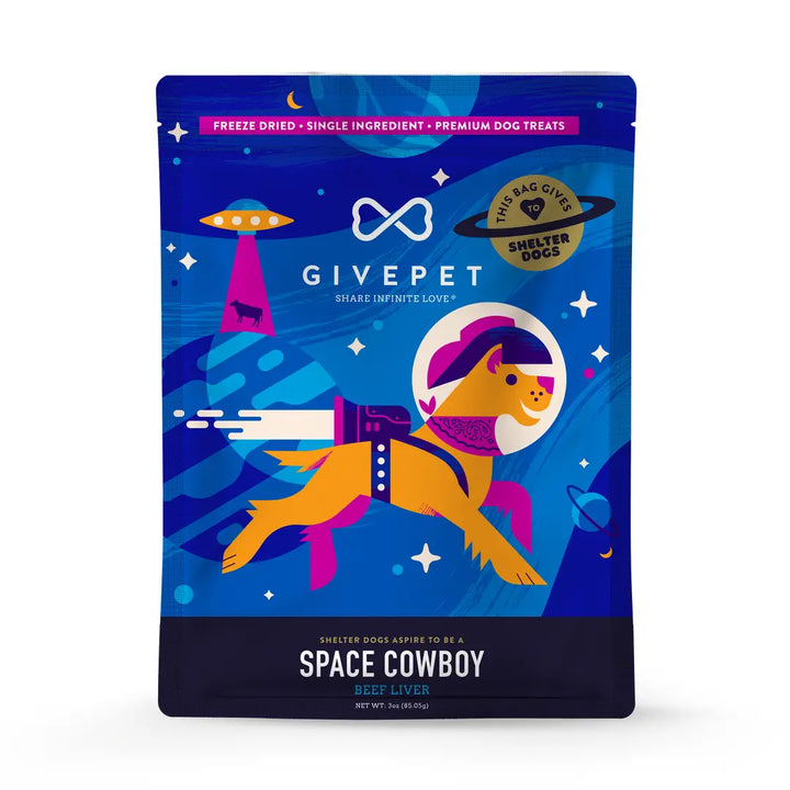 Dog treat package with space cowboy design and Givepet branding