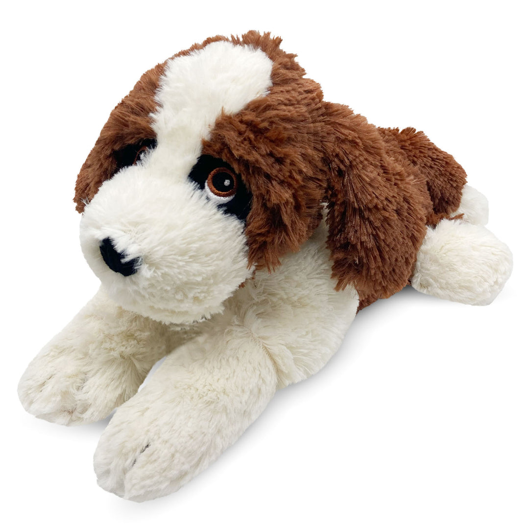Plush dog toy with brown and white fur on a white background