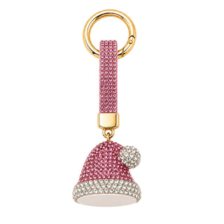 A pink rhinestone Santa hat keychain with a gold-tone metal ring, connector, and trim, shown on a plain white background.