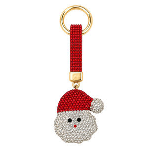 A Santa Claus keychain charm featuring a red beaded hat and fluffy white beaded face, with gold-tone metal hardware and a red beaded strap on a plain white background.