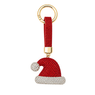 A red rhinestone Santa hat keychain with a gold-tone metal ring and a white rhinestone-trimmed brim, shown on a plain white background.