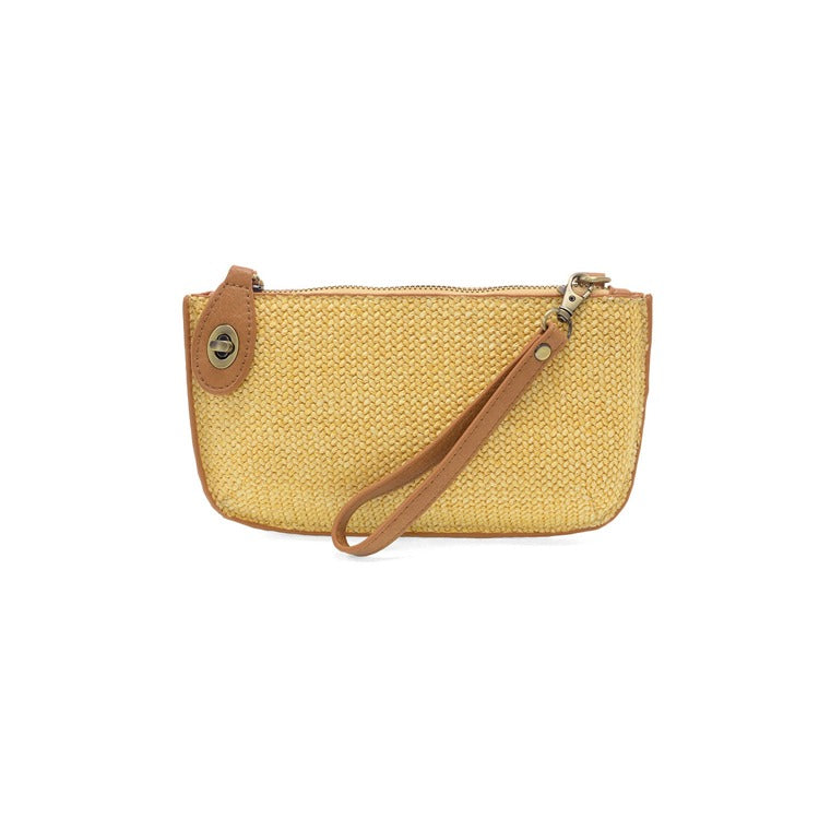 Yellow woven handbag with a brown strap on a white background