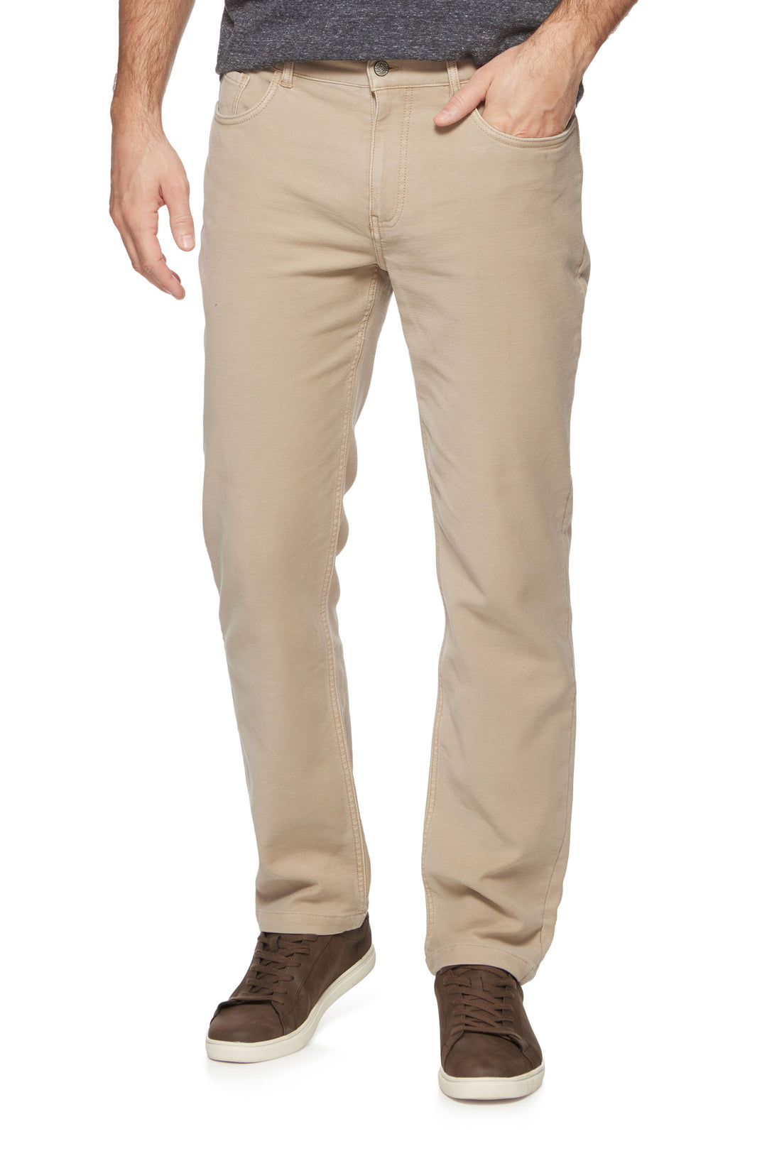 person wearing khaki pants on a white background
