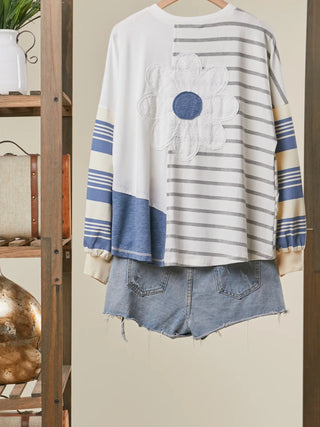 Patchwork Stripe Long Sleeve Top in Blue