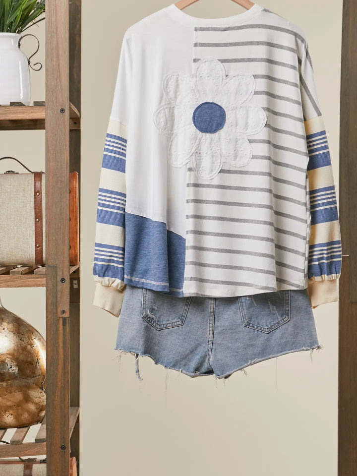 Patchwork Stripe Long Sleeve Top in Blue