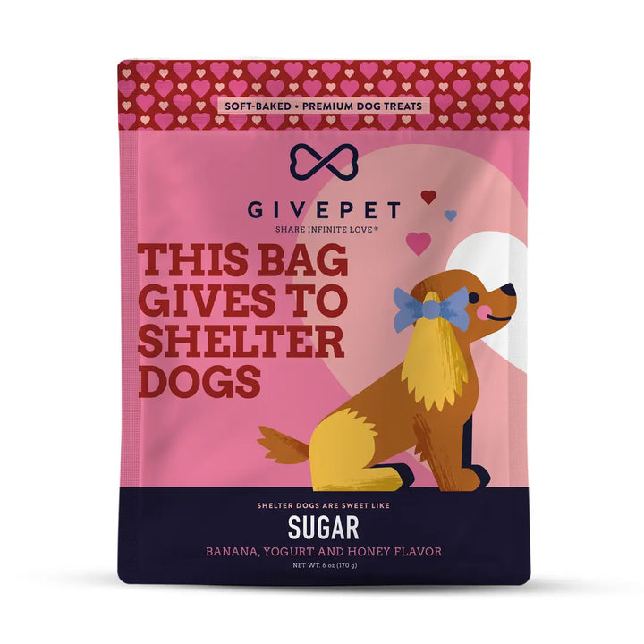 Dog treat package with pink background and cartoon dog, featuring Givepet branding.