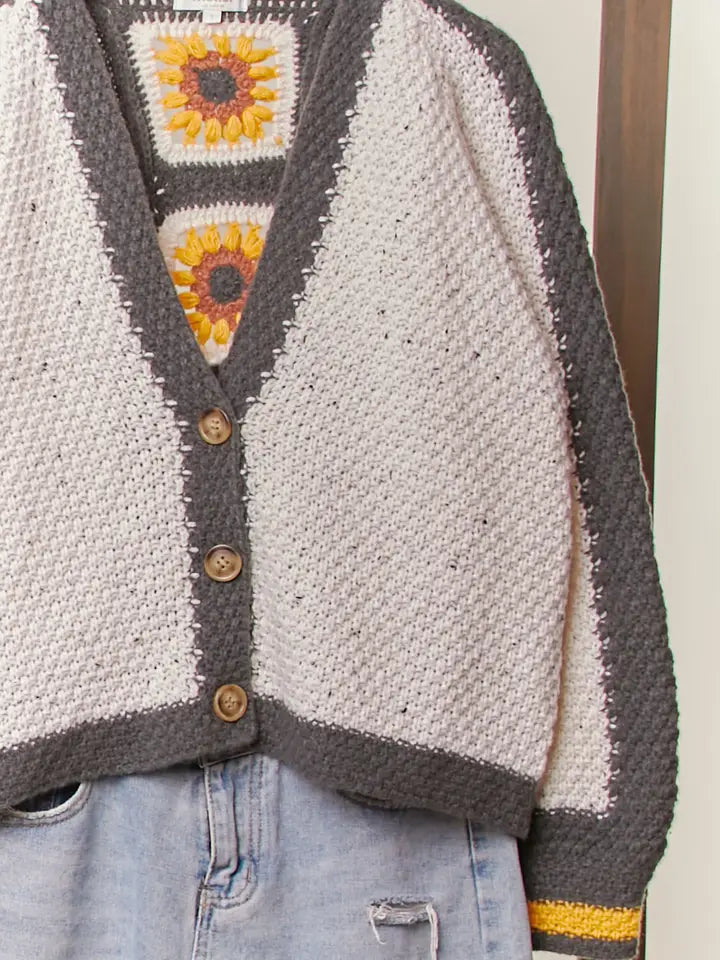 Color Block Sunflower Crochet Cardigan