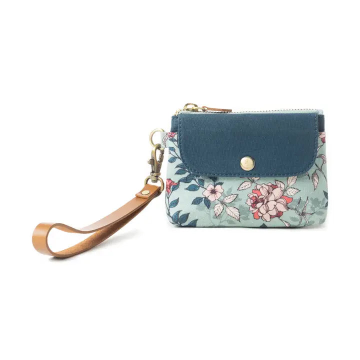 Floral-patterned wallet with a blue flap and brown strap on a white background